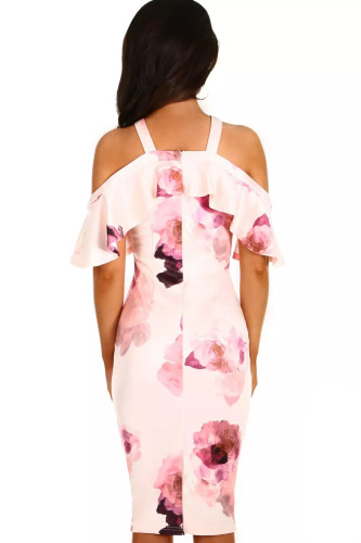 Pink Floral Frill Cold Shoulder Midi Dress