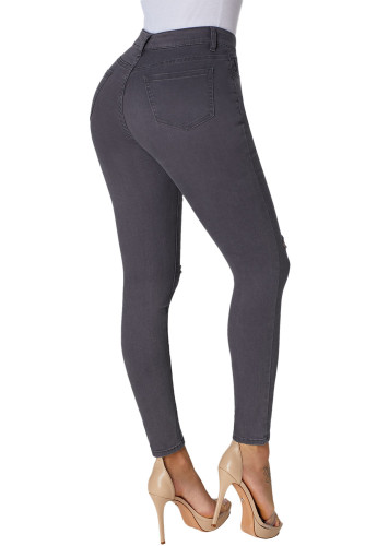 Gray Trendy Slit Knee Denim Pants