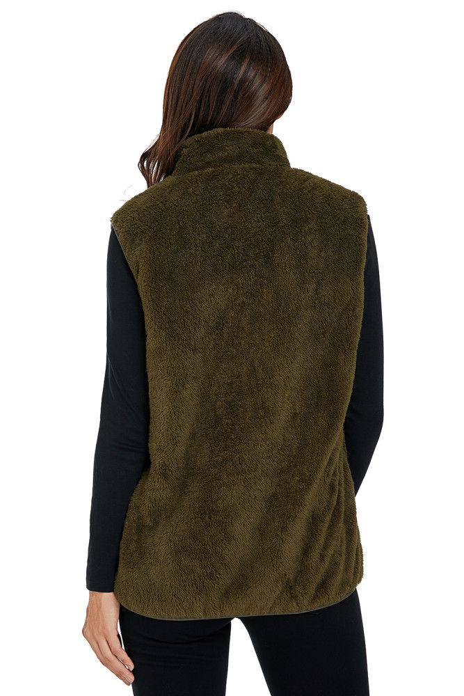 Olive Green Furry High Neck Vest Jacket