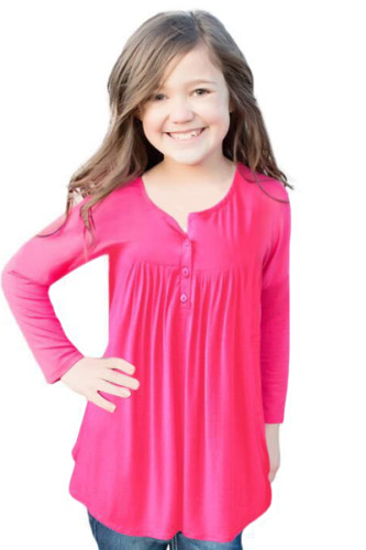 Pink Long Sleeve Button Detail Pleated Little Girls Top