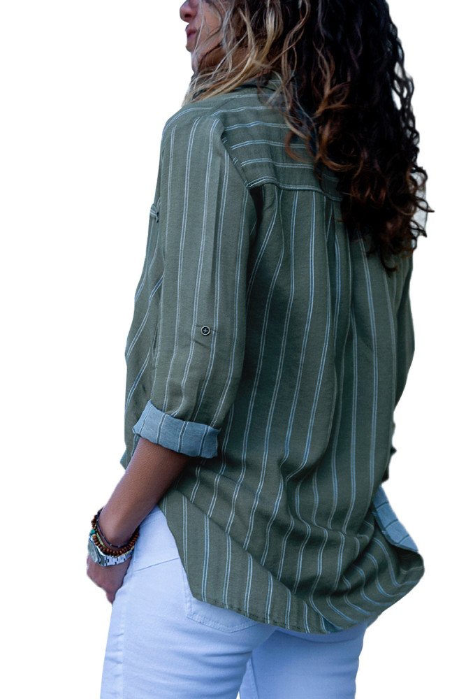 Olive Green Striped Button Detail Shirt for Women