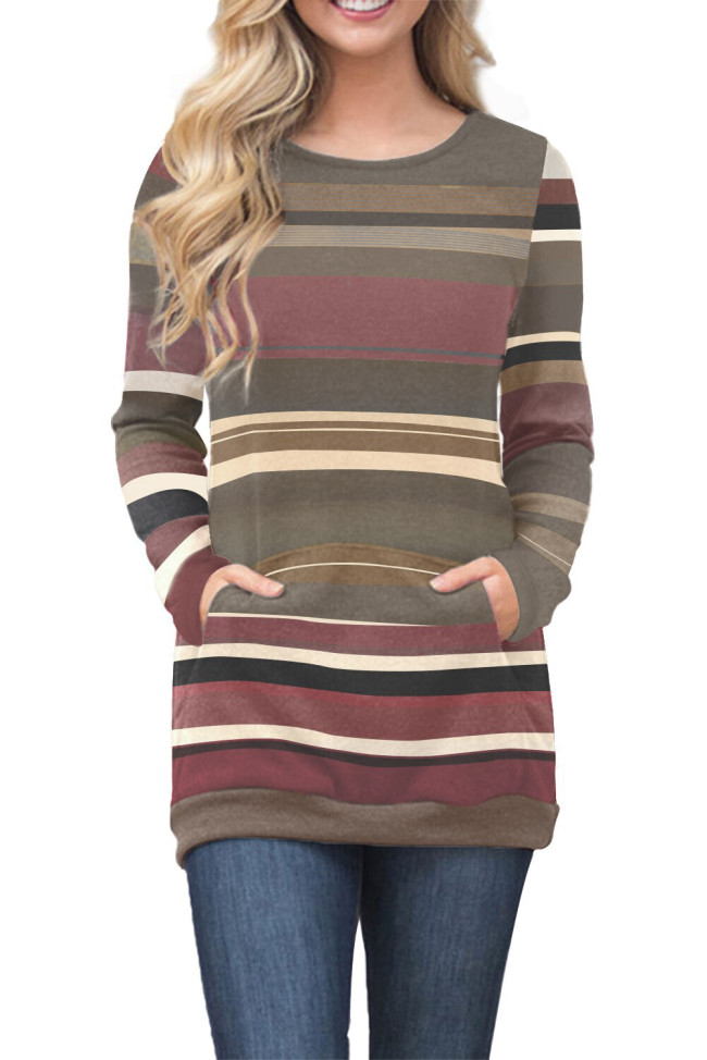 Red Olive Color Gradation Striped Sweatshirt