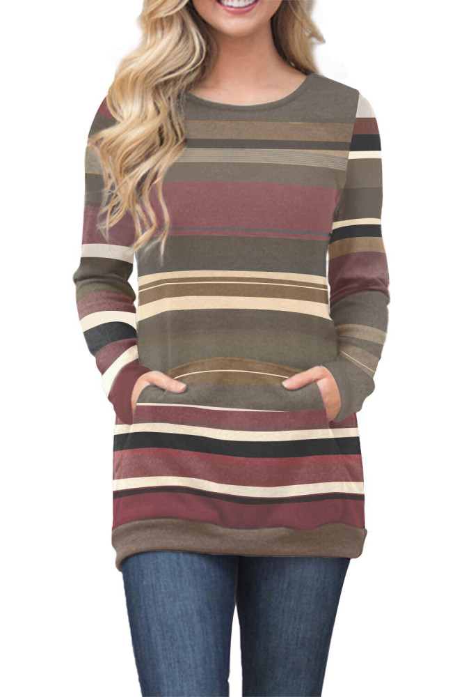 Red Olive Color Gradation Striped Sweatshirt