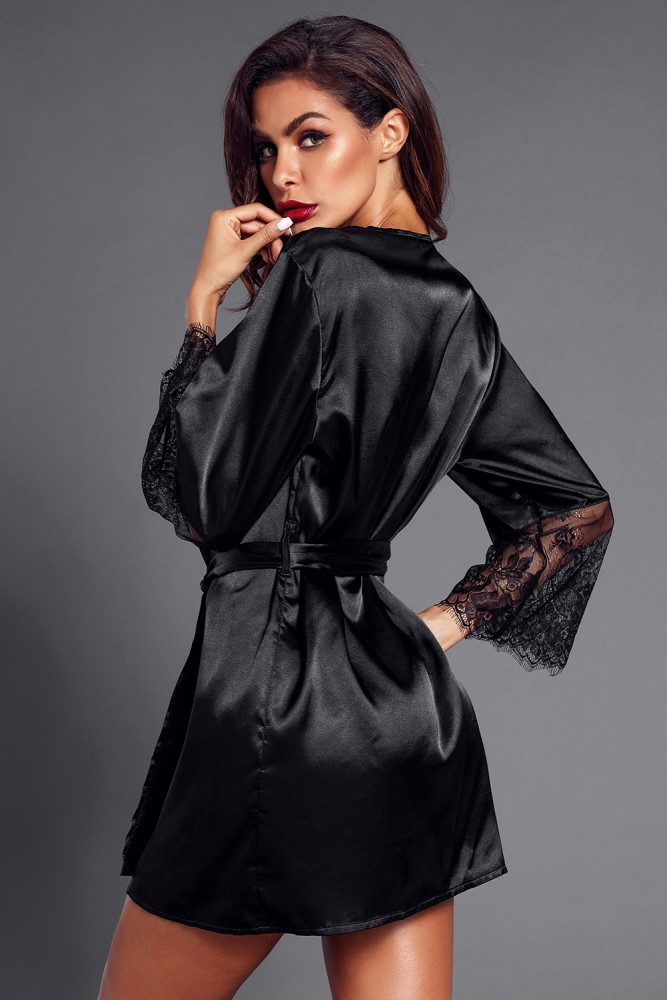 Black Sash Eyelash Lace Sleeves Robe
