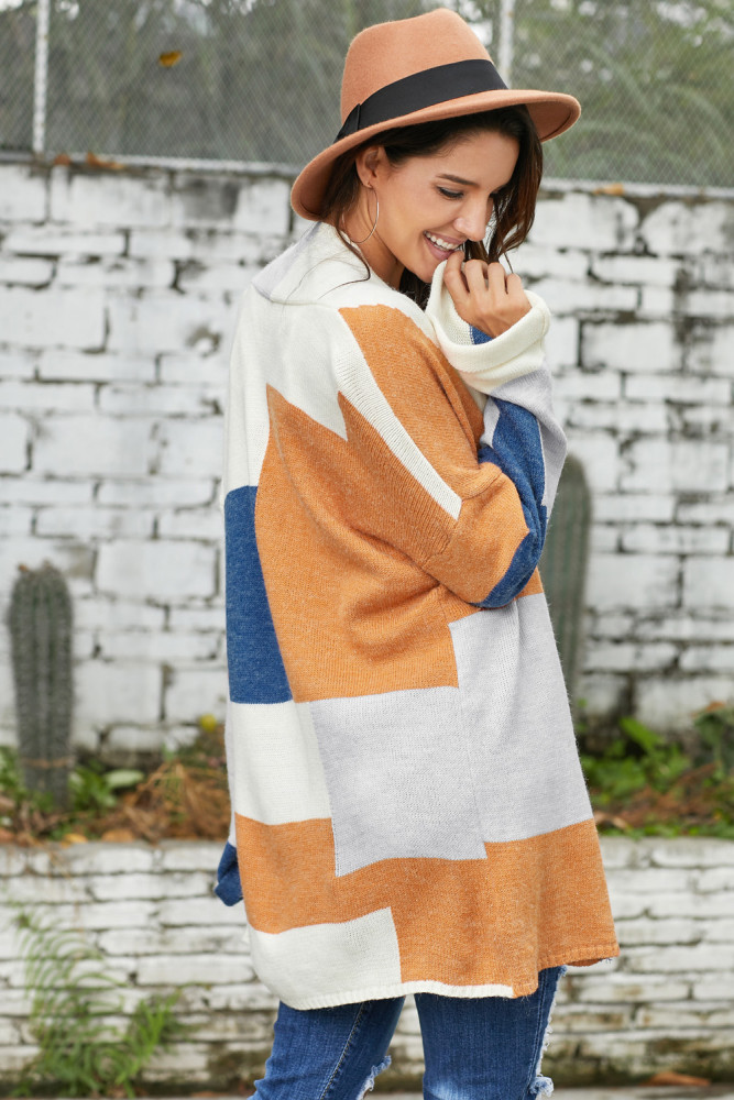 Khaki Blue Multi Colorblock Open Front Cardigan