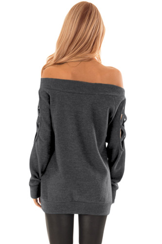 Charcoal Crisscross Cutout Long Sleeve Off Shoulder Top