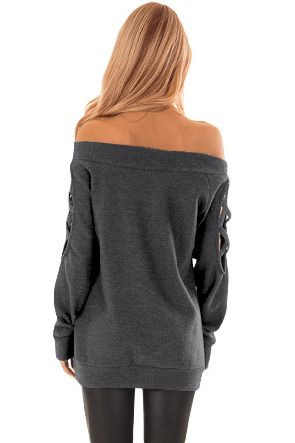 Charcoal Crisscross Cutout Long Sleeve Off Shoulder Top