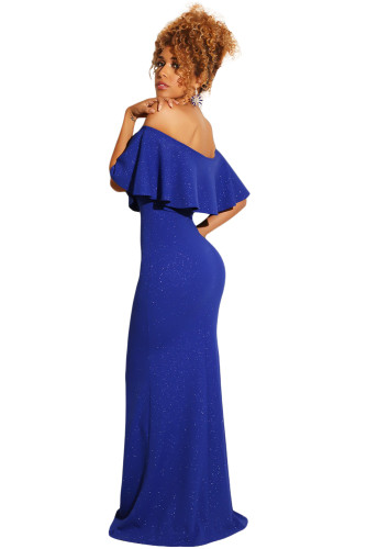 Royal Blue Ruffled Poncho Shiny Off Shoulder Party Gown