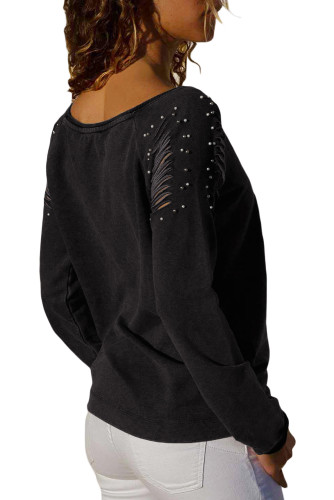 Black Ribbed Slash Pearl Detail Long Sleeve Top