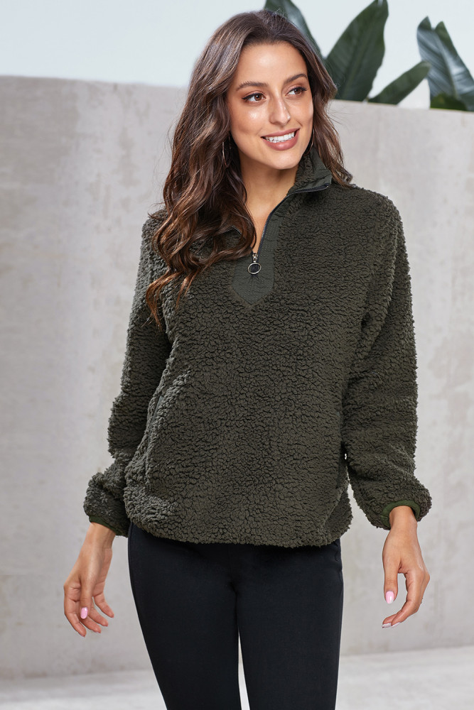 Dark Olive Zip Neck Furry Sweatshirt