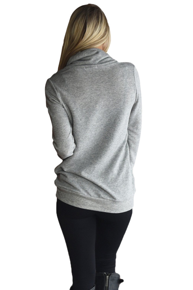 Gray Button and Zipped Cowl Neck Sweatshirt