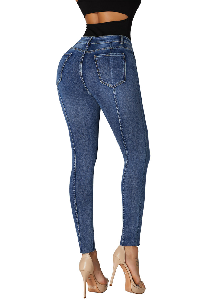 Retro Blue Designful Seam Accent Raw Hem Jeans