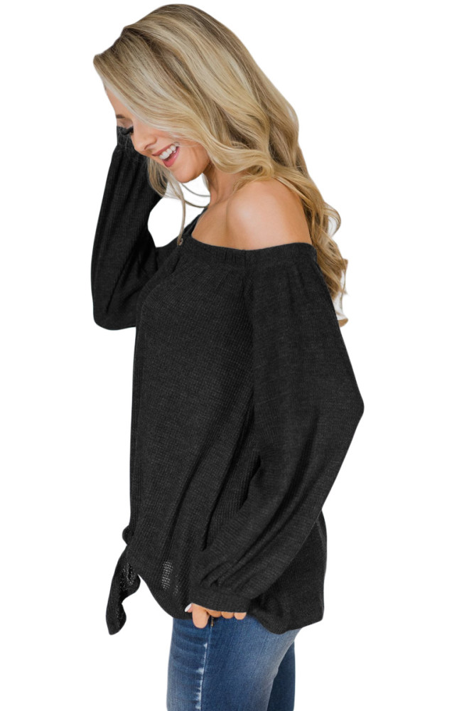 Charcoal Button Front Tie Detail Off Shoulder Top