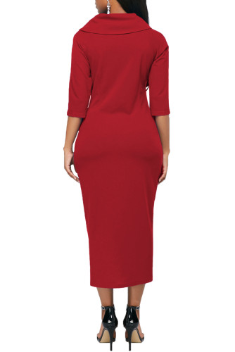 Stylish Red Button Up Front Slit Sheath Midi Dress