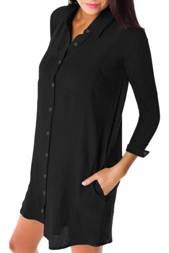 Black Long Sleeve Button Down Crepe Shirt Dress