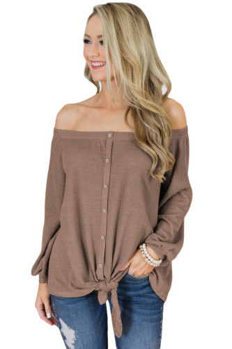 Khaki Button Front Tie Detail Off Shoulder Top