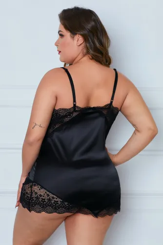 Black Lace Cups Silky Satin Plus Size Chemise