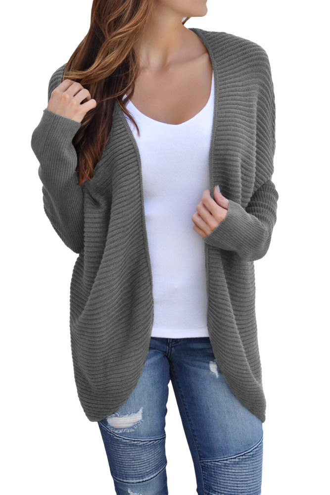 Gray Ribbed Knit Lace Up Back Sweater Cardigan