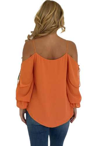Orange Spaghetti Strap Cold Shoulder Long Sleeve Top