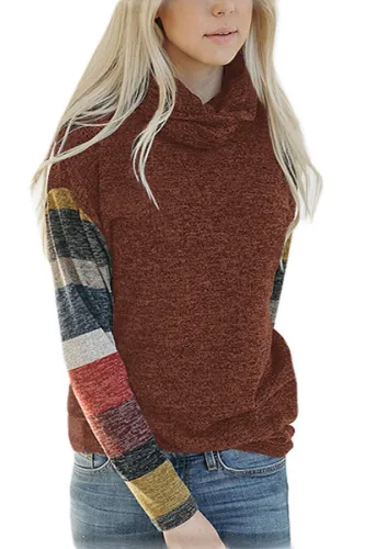 Color Blocked Long Sleeve Burgundy Cowl Neck Sweatshirt