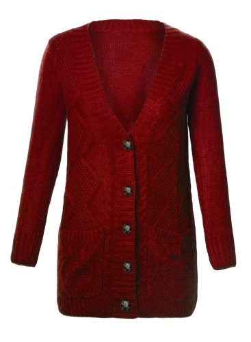 Burgundy Front Pocket and Buttons Closure Cardigan