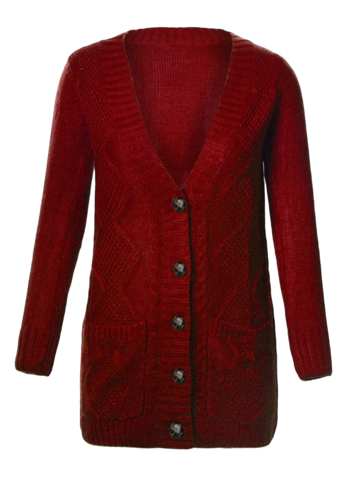 Burgundy Front Pocket and Buttons Closure Cardigan