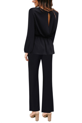 Black Tie Waist Peplum Long Sleeve Jumpsuit