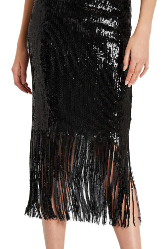 Black Sequin Fringe Midi Skirt