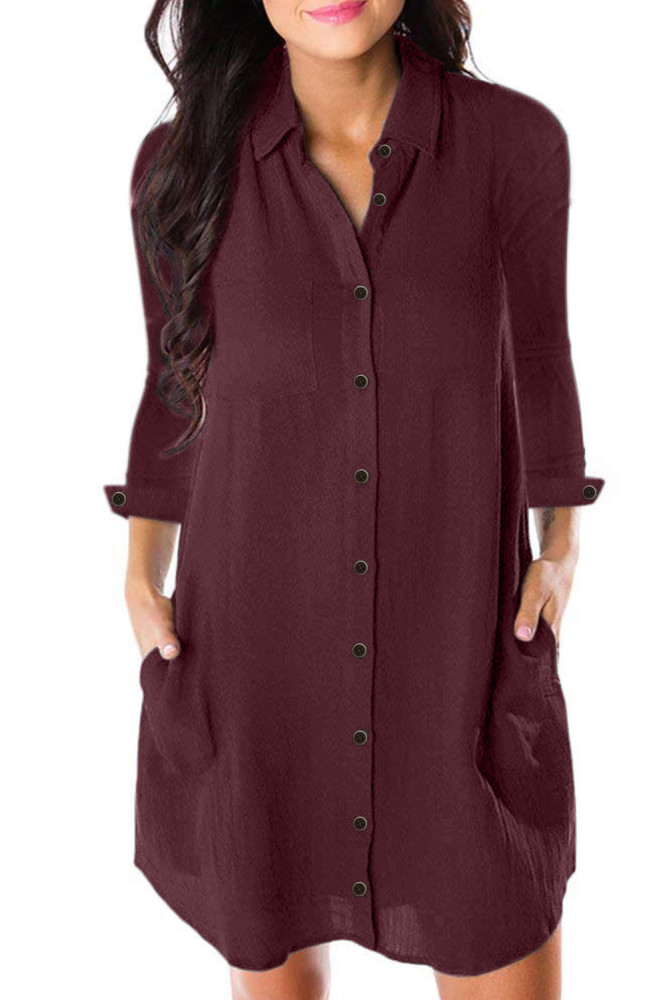 Burgundy Long Sleeve Button Down Crepe Shirt Dress