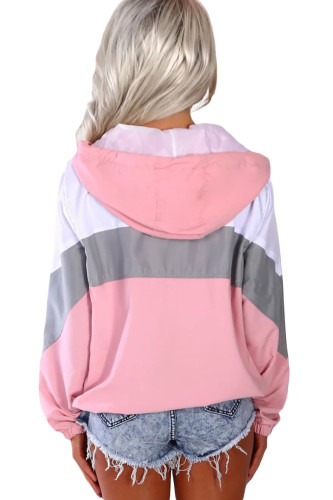 Pink Hooded Triple Color Block Sporty Jacket