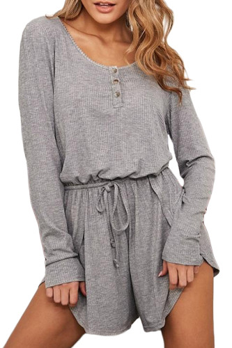 Gray Ribbed Drawstring Waist Long Sleeve Romper