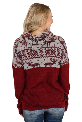 TOUCH OF CHRISTMAS REINDEER COWL NECK TOP BURGUNDY
