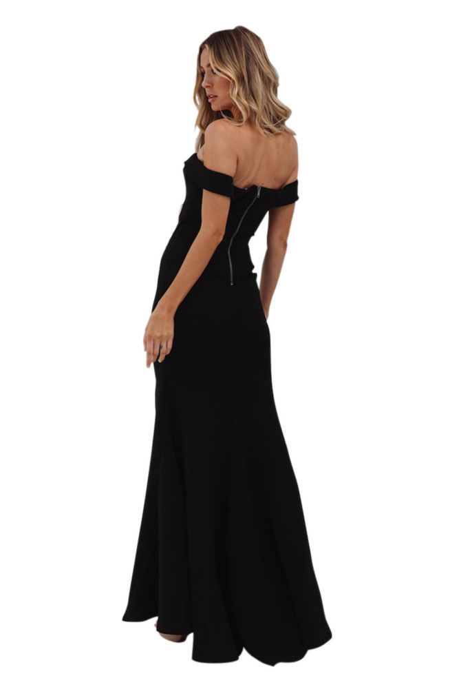 Black Off Shoulder Split Front Maxi Party Dress