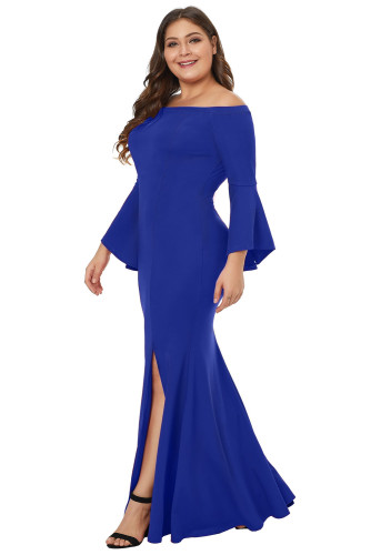 Chic Blue Off Shoulder Slit Plus Size Mermaid Dress