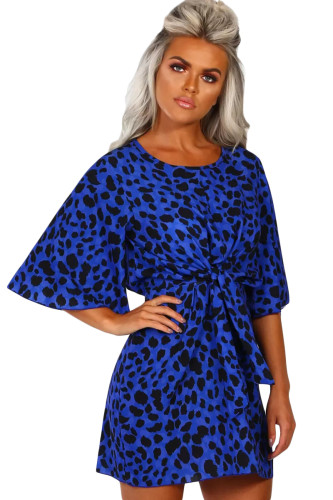 Blue Leopard Print Tie Waist Mini Dress