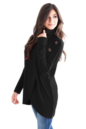 Black Button Cowl Neck Overlap Tunic Top