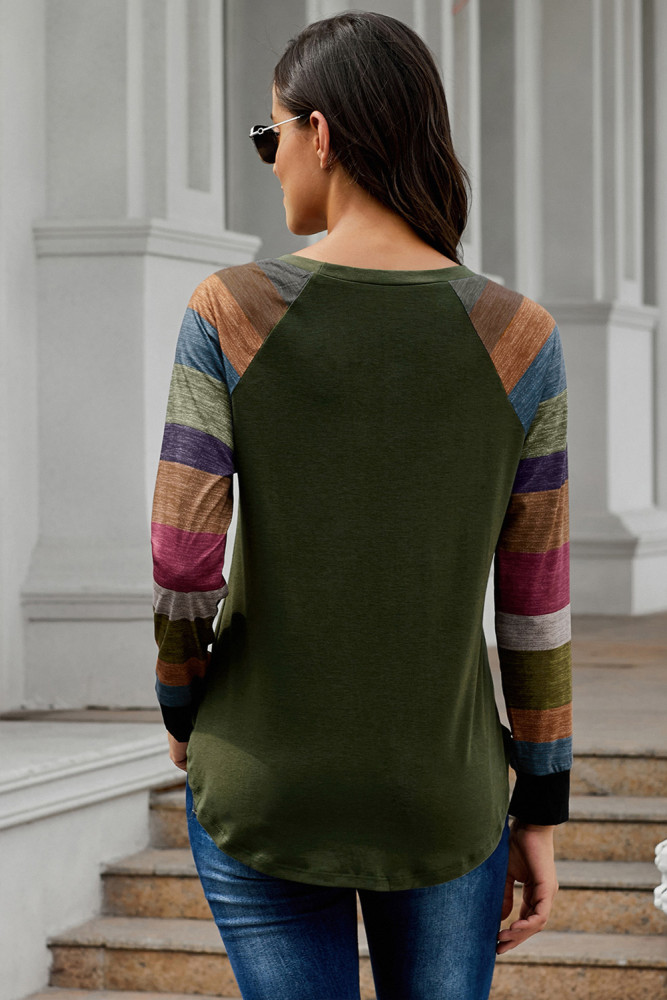 Color Block Long Sleeves Green Pullover Top