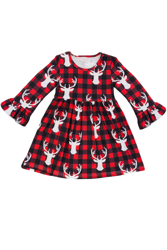 Buffalo Plaid Reindeer Christmas Little Girl Dress