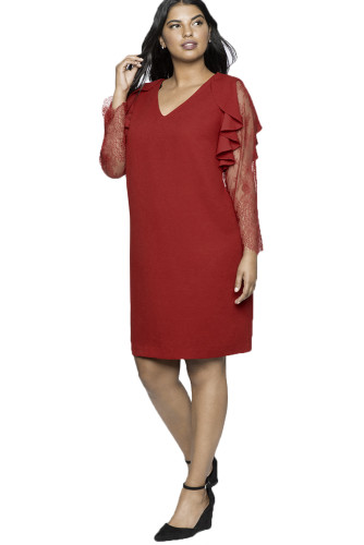 Red Ruffle Trim Lace Sleeve Plus Size Shift Dress