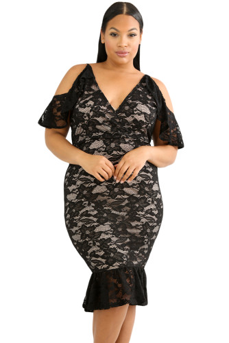 Black Plus Size Cold Shoulder Lace Bodycon Dress