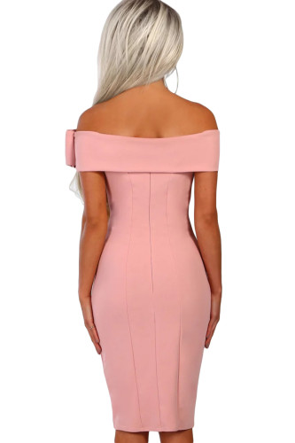 Pink Bow Detail Bardot Bodycon Midi Dress