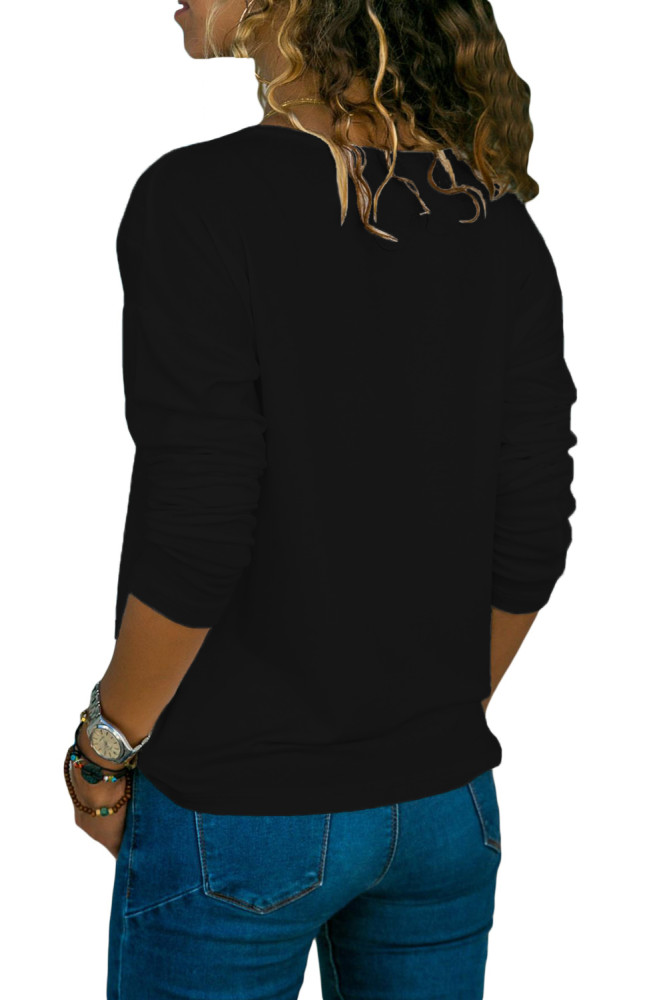 Black Long Sleeve V Neck Casual Top