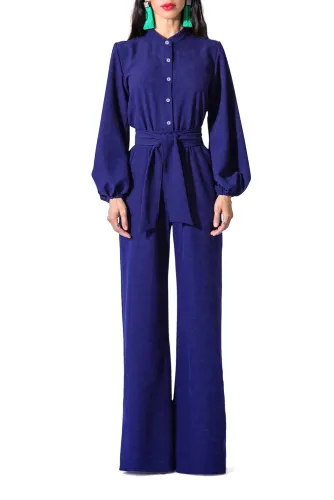 Indigo Lantern Sleeve Belted Wide Leg Jumpsuit