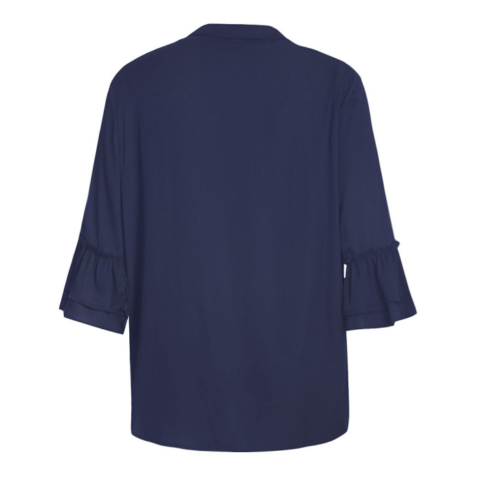 Navy Blue Tie Neck Ruffle Sleeved Plus Size Blouse