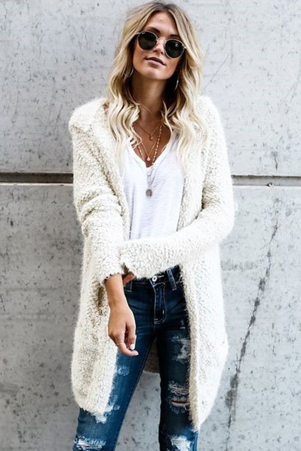 White Fluffy Hooded Open Front Cardigan