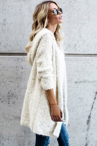 White Fluffy Hooded Open Front Cardigan
