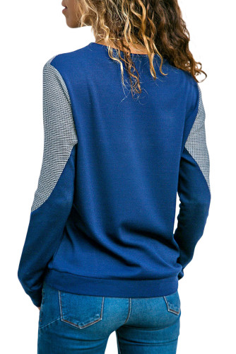 Dark Blue Color Block Round Collar Sweatshirt