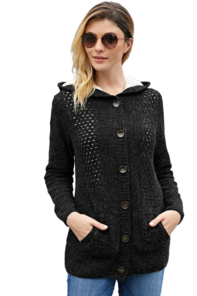 Fleece Hooded Black Button Down Cardigan Sweater