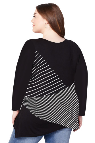 Black Asymmetric Shark Bite Striped Plus Size Top