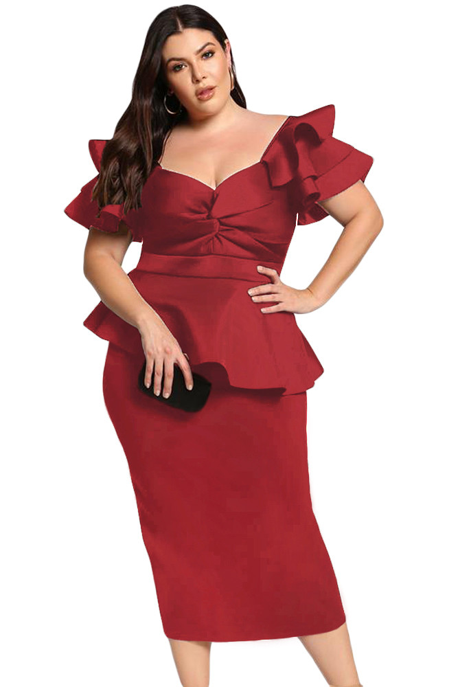 Burgundy Plus Size Tiered Sleeve Twisted Peplum Dress